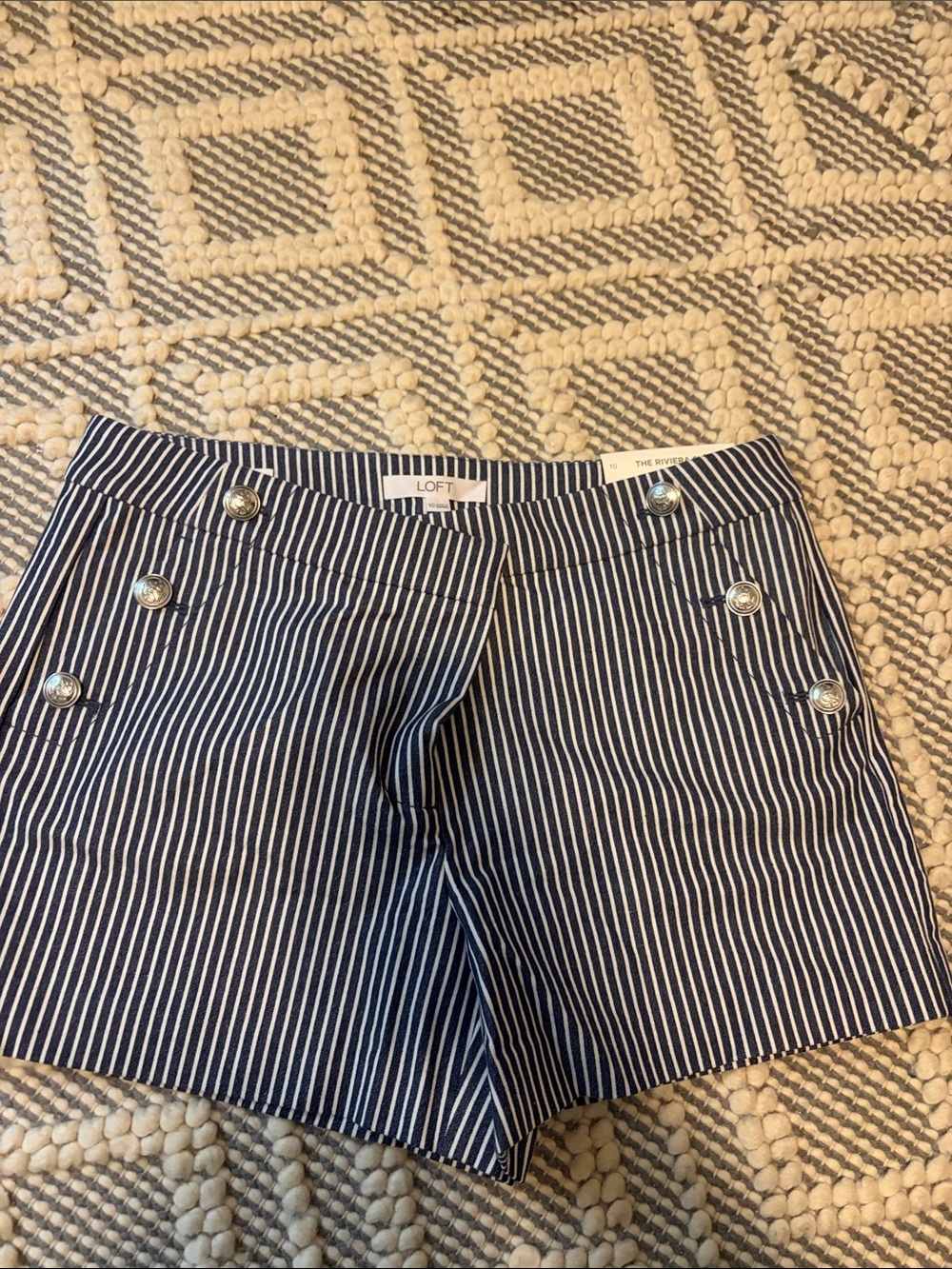 LOFT Navy and White Striped Button-Front Bermuda Shorts